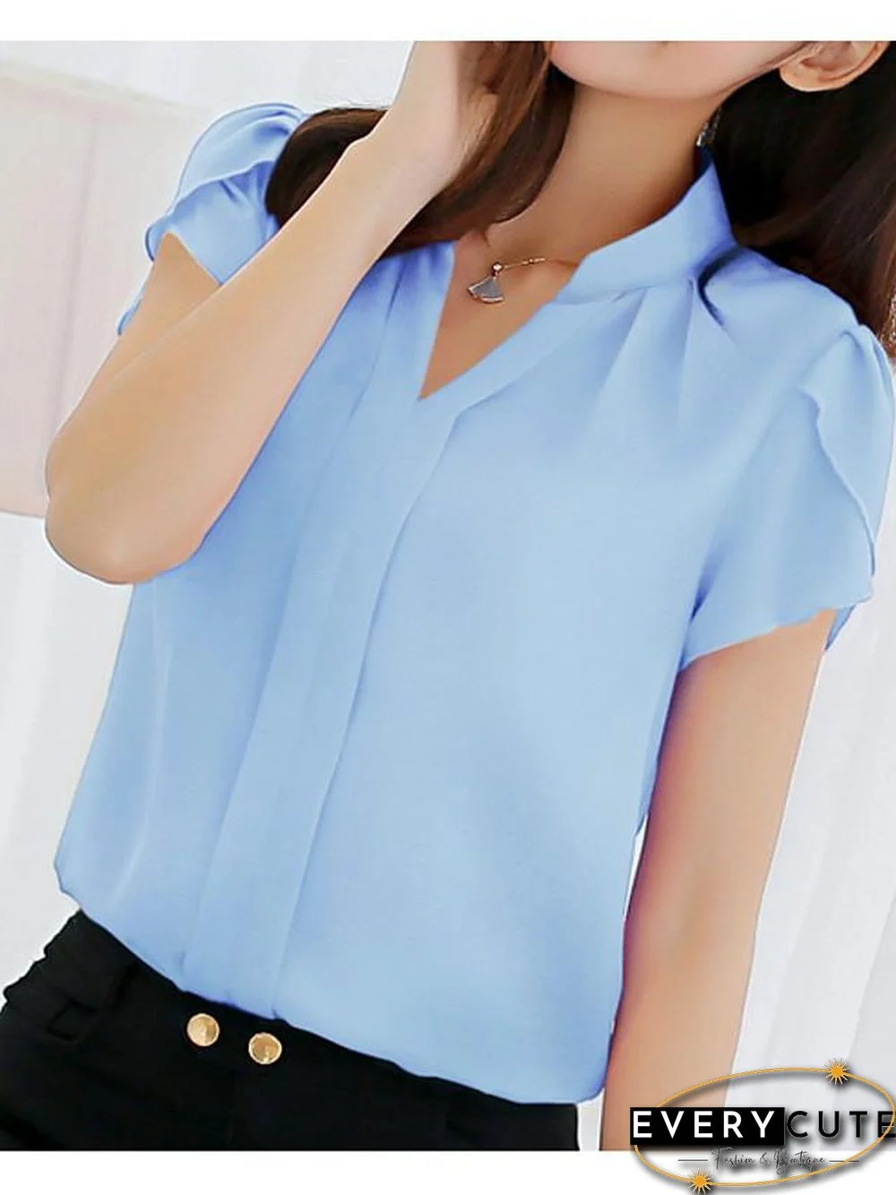 Women's Blouse Shirt Solid Colored V Neck Standing Collar Tops Basic Top White Blue Red-0204810
