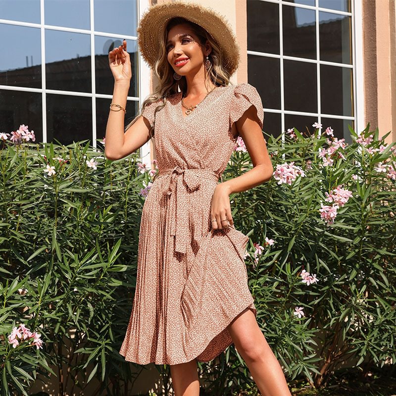 Printed Green Pleated V-Neck Dress