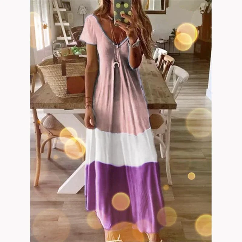 Women's Gradient V-neck Short Sleeve Print Dress Bohemian Loose Long Skirt