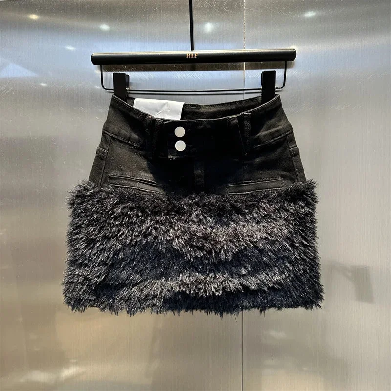 Toloer Faux Fur Trim Denim Mini Skirt-Outfit Ideas
