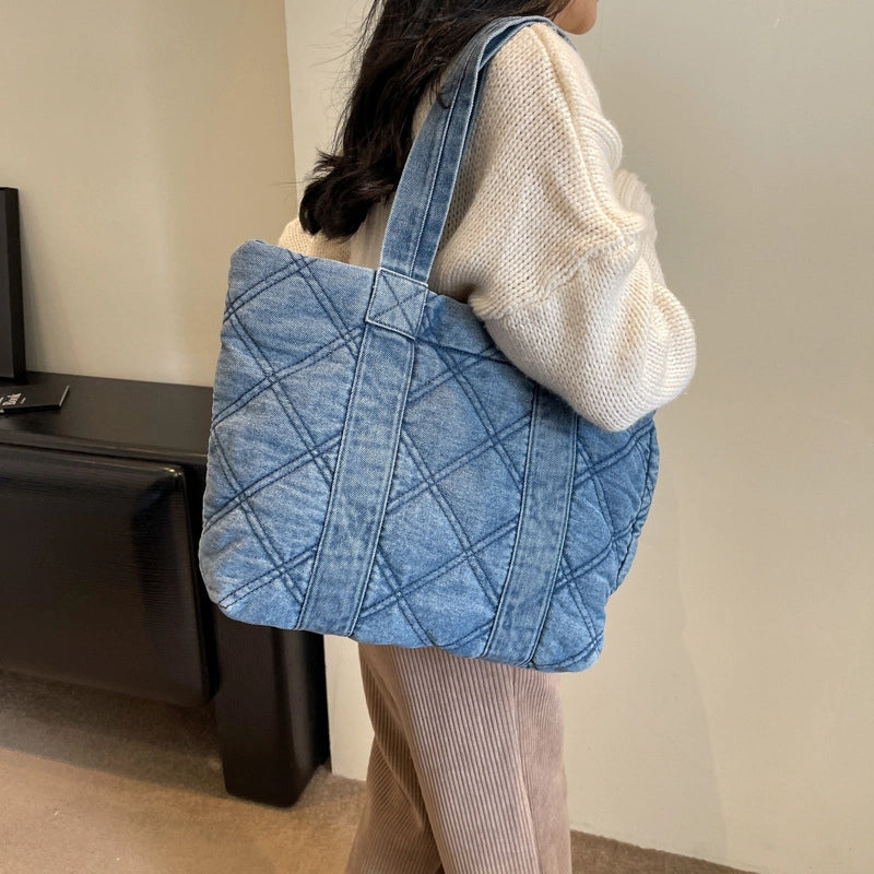 Ina Style Japanese Style Denim Single Shoulder Bag Rhombus Design Fashionable Rui Camp Hand Bag Women's Bag Underarm Tote Bag