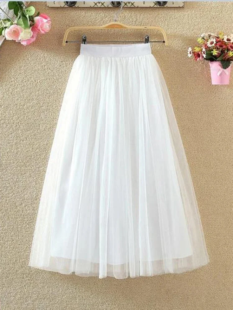 Oocharger Vintage Tulle Skirt Summer Women Elastic High Waist Mesh Pleated Skirts Elegant Korean A Line Office Ladies Skirt New