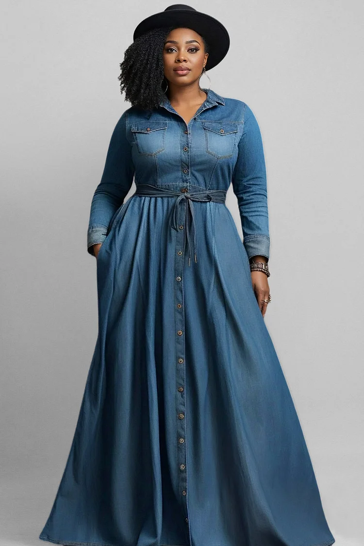 Xpluswear Design Plus Size Daily Light Blue Shirt Collar Long Sleeve Wrap Casual Pocket Tencel Denim Maxi Dresses [Pre-Order] 2024 - Xpluswear
