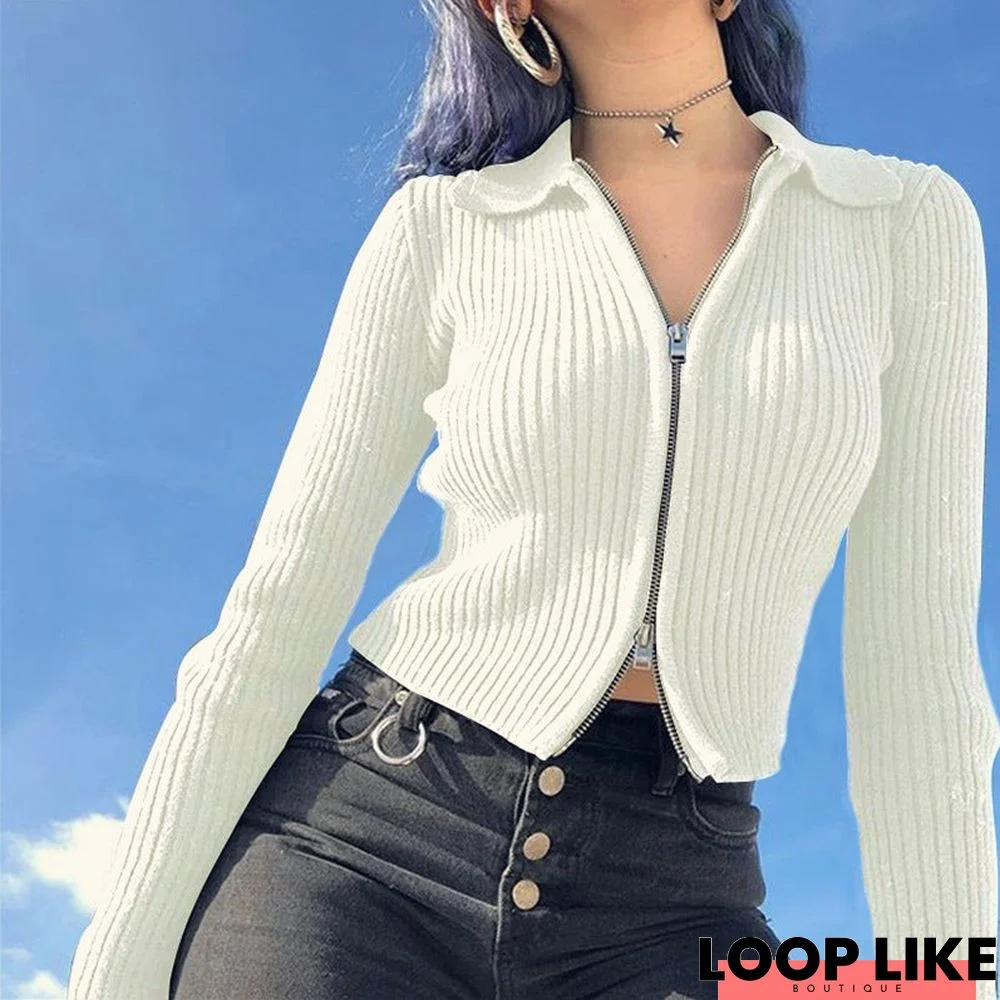 Zipper Half High Neck Knitted Bottomed Blouse Women's Top