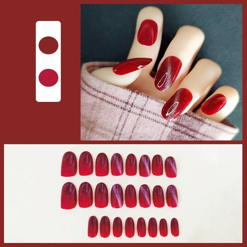24pcs/Set Gorgeous Wine Red False Nails With Glue Middle Long Round Head Full Nail Tips Finished Fake Nail artificial nails-Nail Inspo