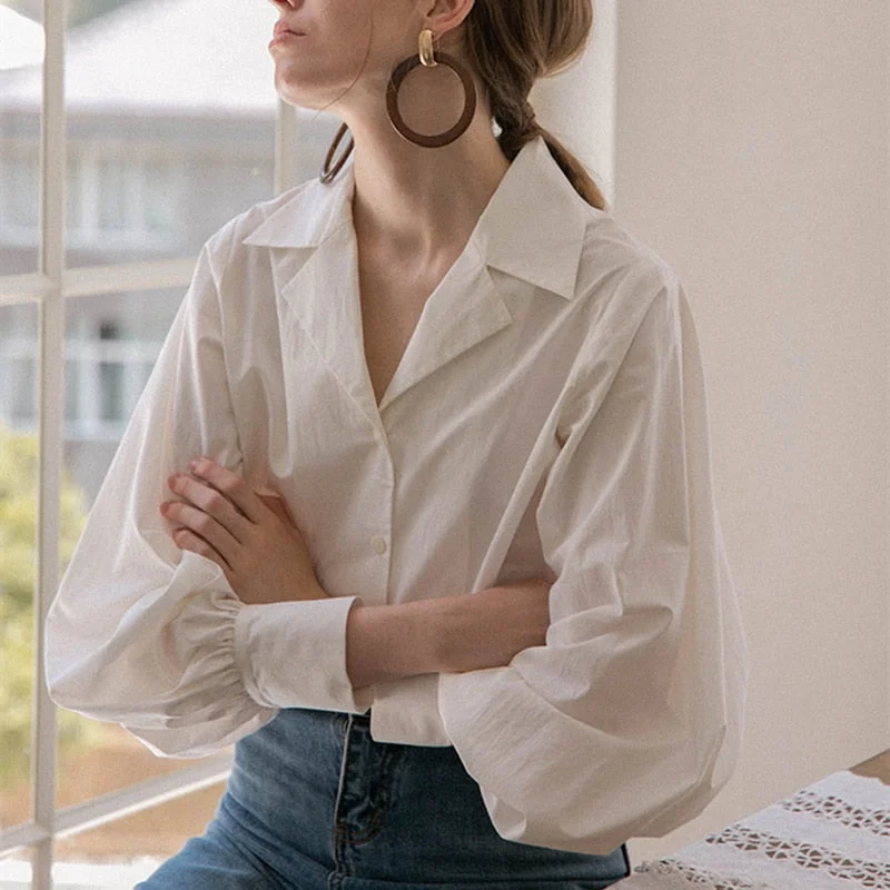 Lantern Sleeve Elegant White Button Vintage Women Blouse Turn Down Collar Office Ladies Female Casual Shirt