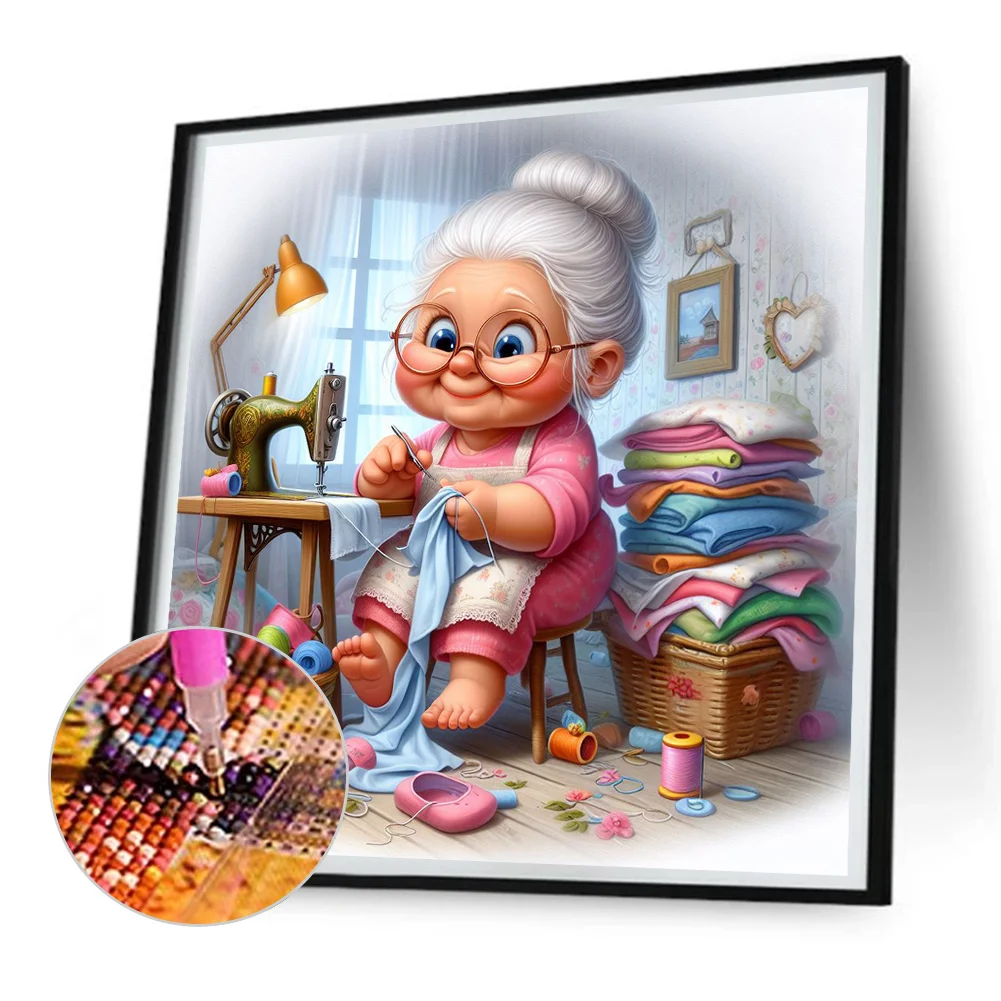 Diamond Painting - Full Round Drill - Old Lady Sewing(Canvas|30*30cm)