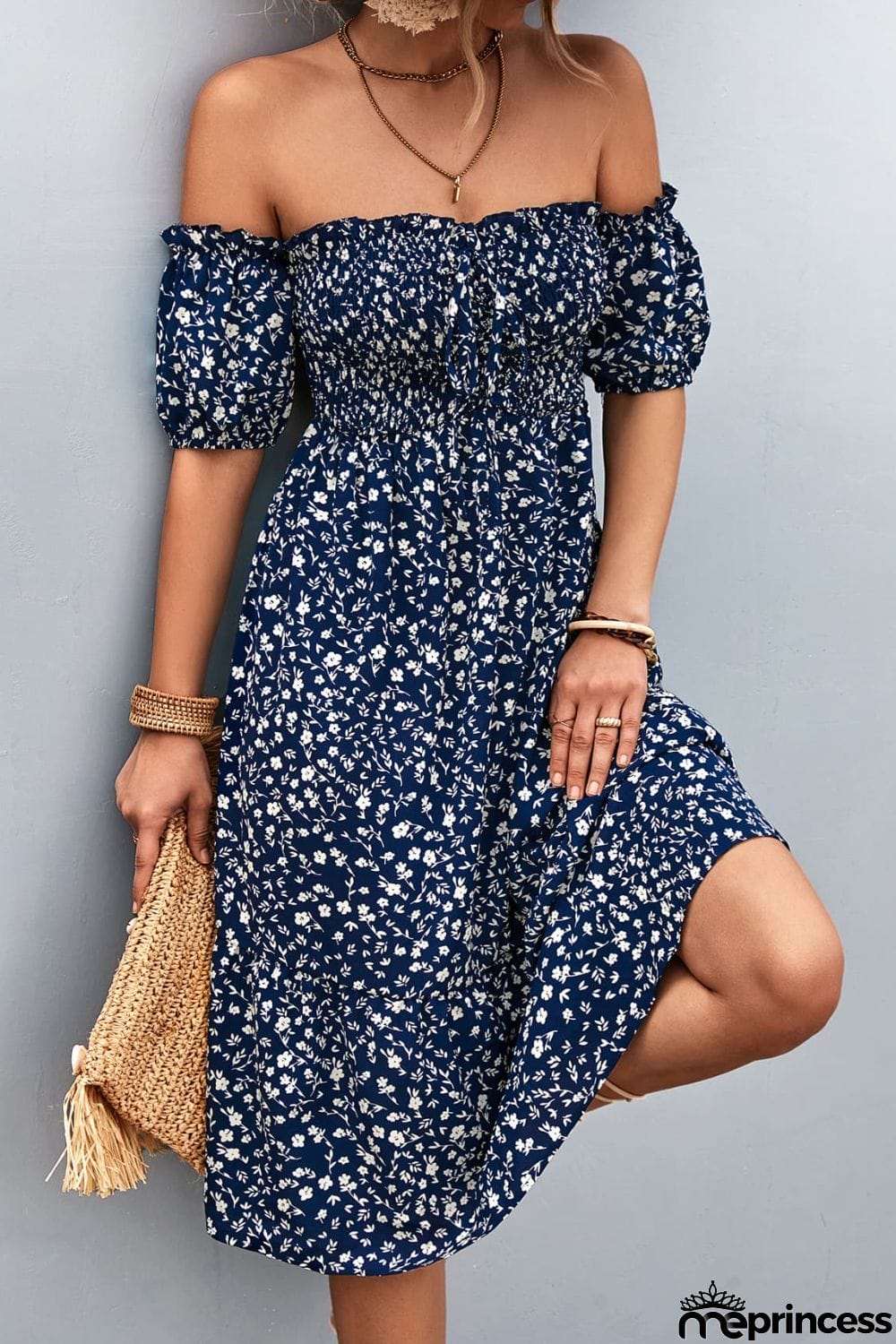 Ditsy Floral Smocked Frill Trim Off-Shoulder Dress