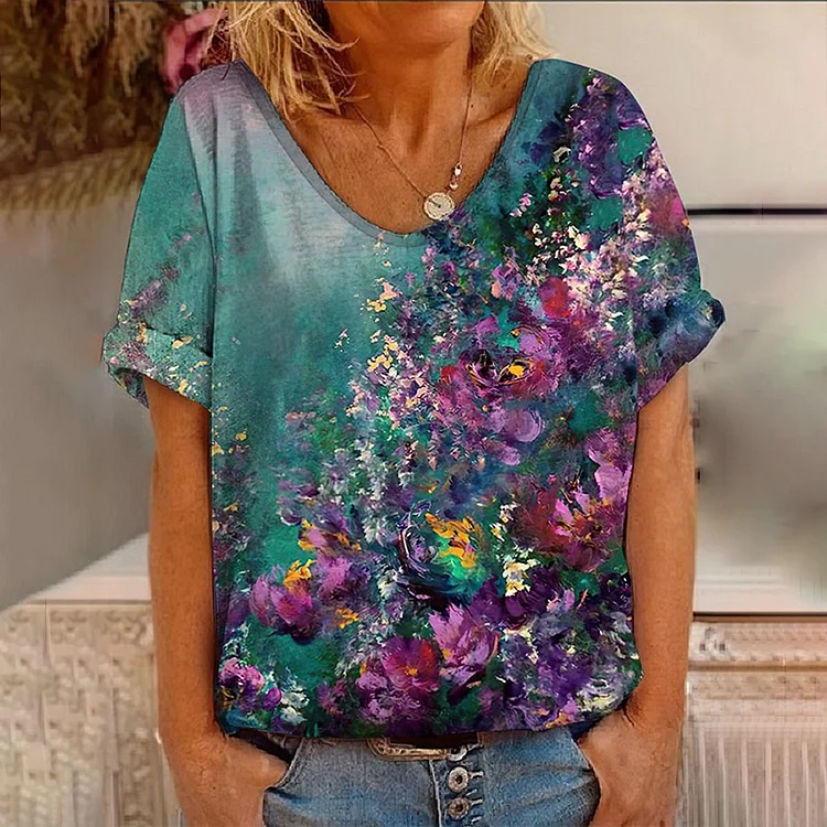 Floral Print V-Neck Short Sleeved Casual T-Shirt