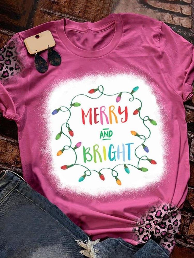 Women's Merry And Bright Letter Print Illuminations Short Sleeve T-Shirt