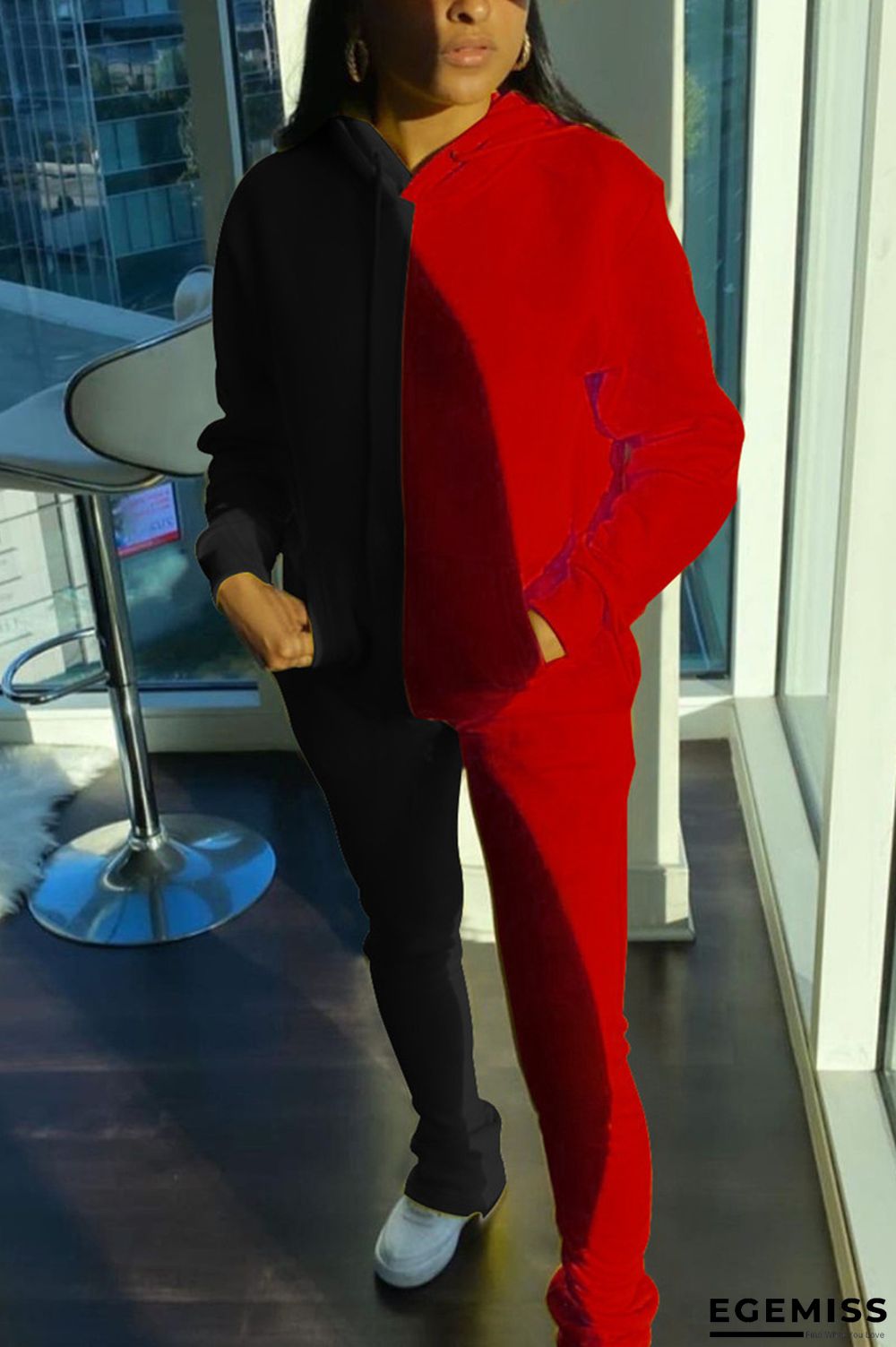 Black Fashion Casual Patchwork Patchwork Hooded Collar Long Sleeve Two Pieces | EGEMISS