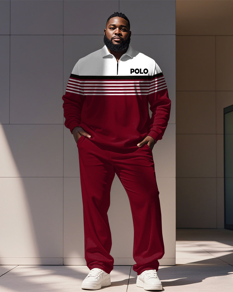 Men's Simple Red Colorblock Striped Alphabet Print Polo Shirt Zipper Pants Suit