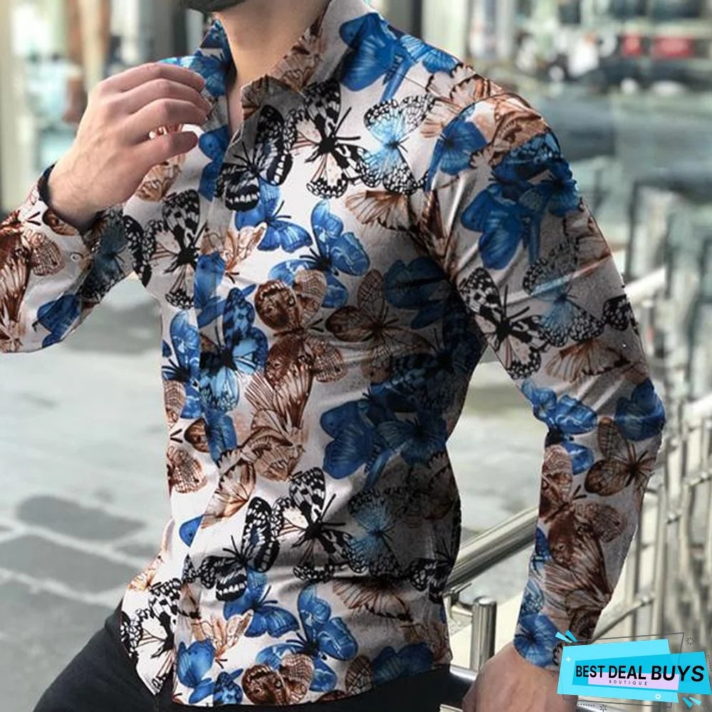 Men's Stylish Butterfly Printed Casual Slim Fit Long Sleeve Shirts