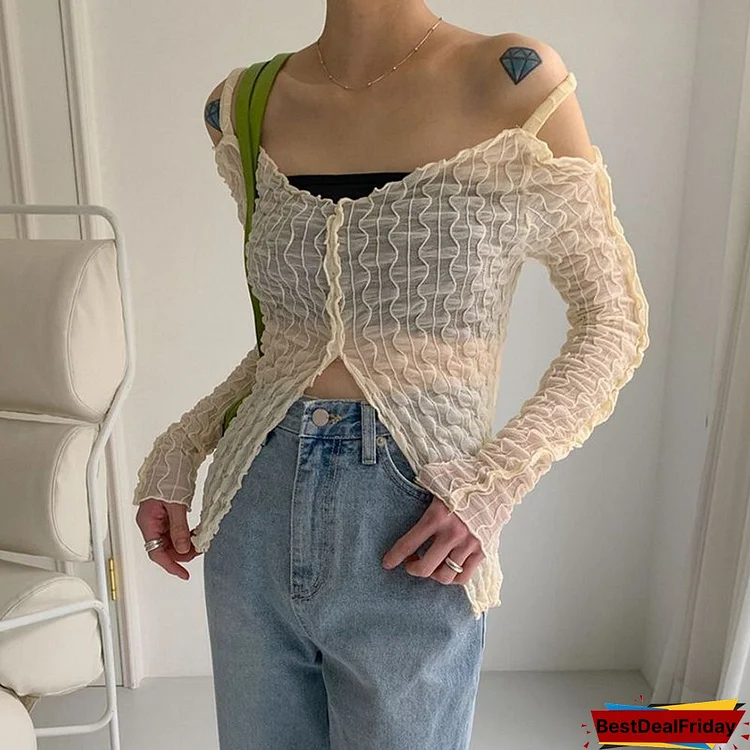 Y2K Fairycore Aesthetics Open Shoulder Zipper Slit Tops E-girl Fashion Sexy Wave Ruffles Long Sleeve T-shirt Transparent