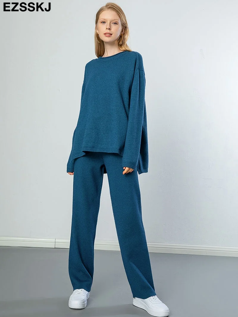 2 Pieces Set Women Knitted Tracksuit Turtleneck Sweater + Carrot Jogging Pants Pullover 2021  Sweater Set CHIC Knitted Outwear