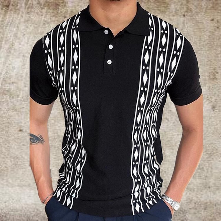 BrosWear Slim-Fit Diamond Pattern Short Sleeve POLO Shirt black