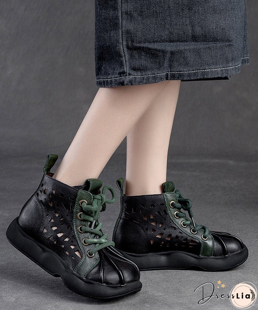 Retro Brown Cowhide Leather Splicing Lace Up Boots