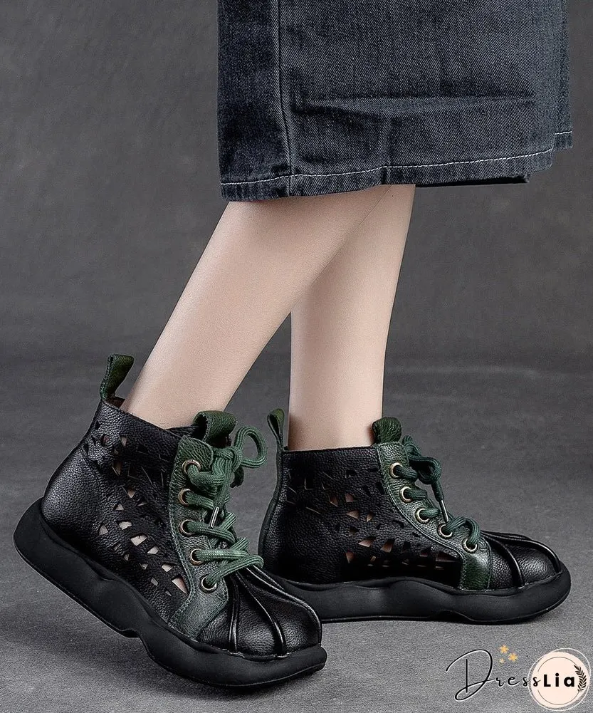 Retro Brown Cowhide Leather Splicing Lace Up Boots