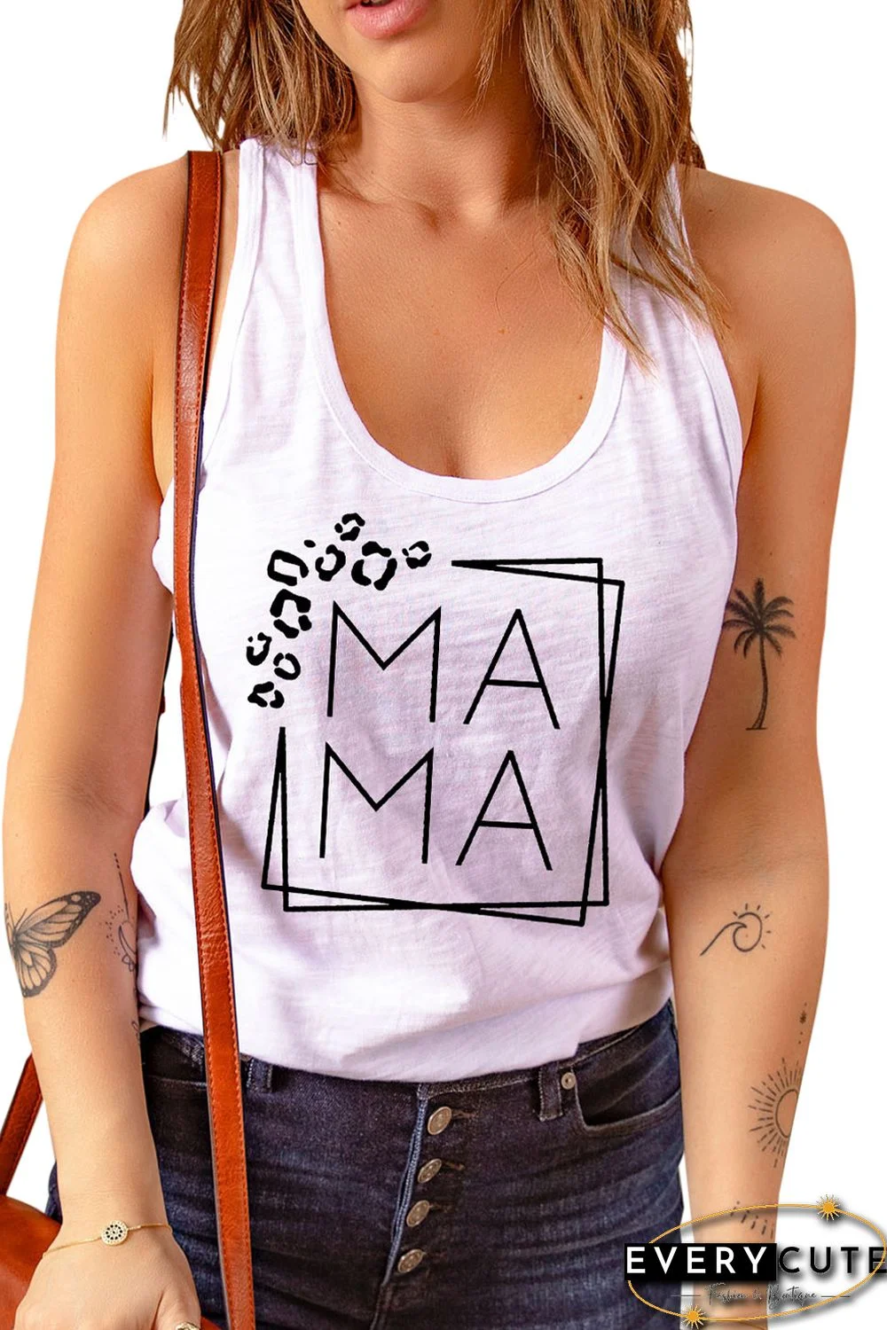 White MAMA Squre Leopard Corner Racerback Tank Top