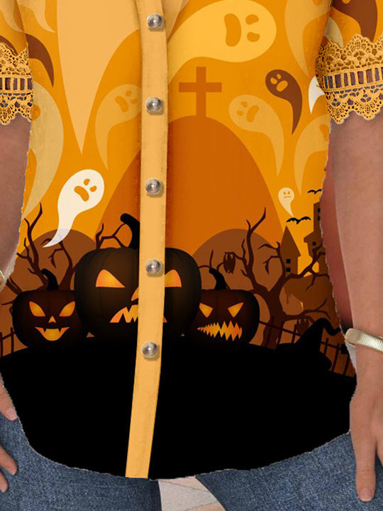 Women Short Sleeve V-neck Skull Printed Graphic Lace Hollow Stitching Button Tops