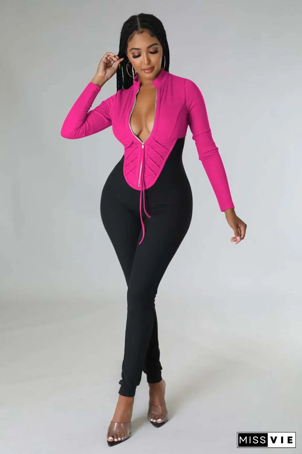 Color Patchwork Long Sleeve High Waist Corset Jumpsuits