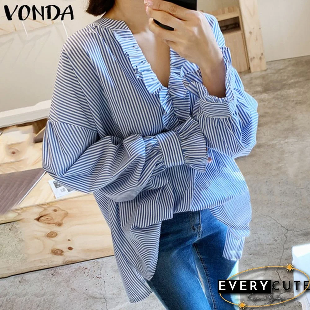 VONDA Plus Size Women Casual Blouse Long Sleeve V Neck Ruffle-Trim Striped Shirt Loose Tunic Tops