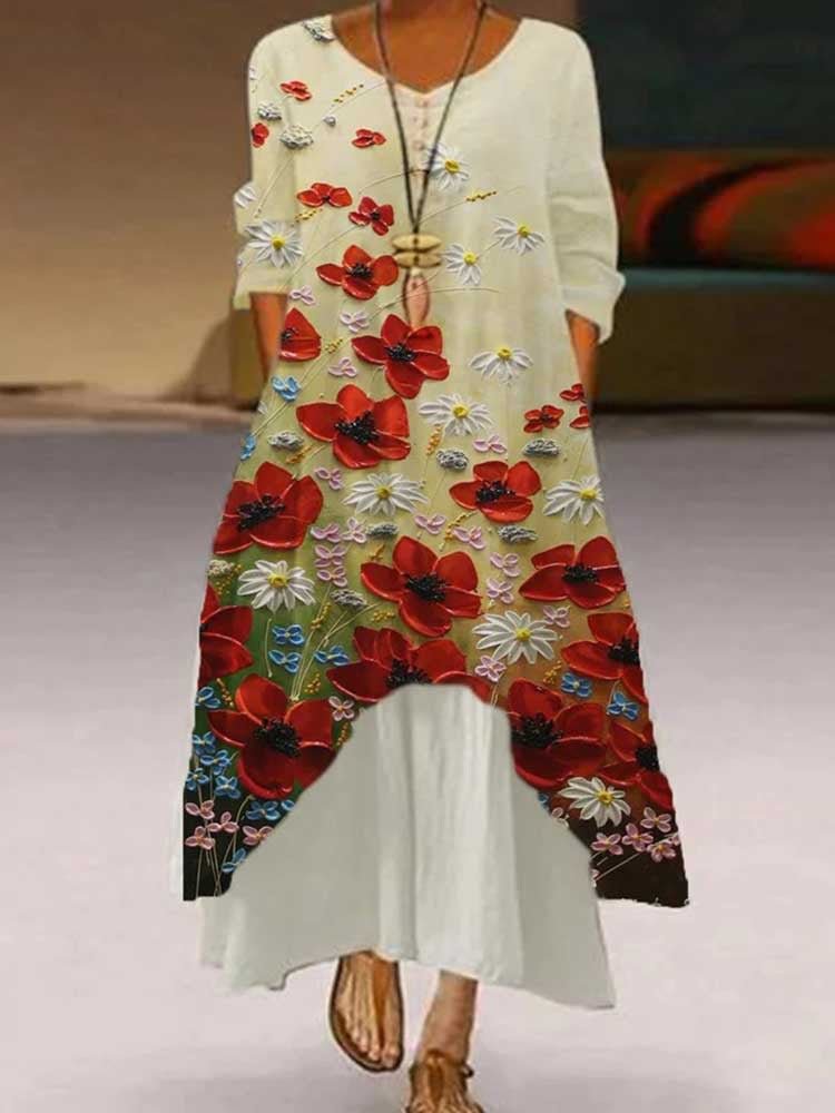 Abstract Floral Print Round Neck Long Sleeve Dress
