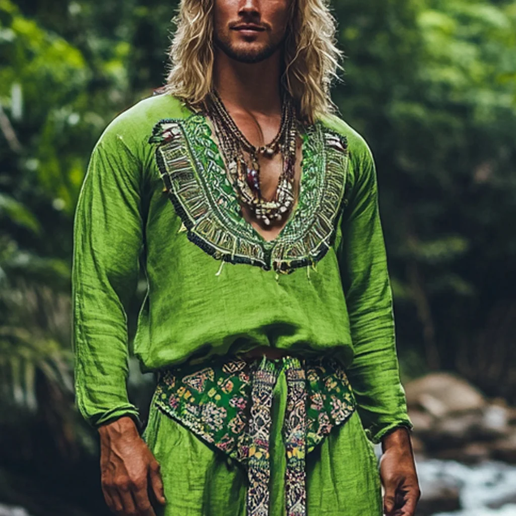 Men's Bohemian Holiday Style Vintage Ethnic Totem Printed Cotton And Linen Casual Tops-inspireuse