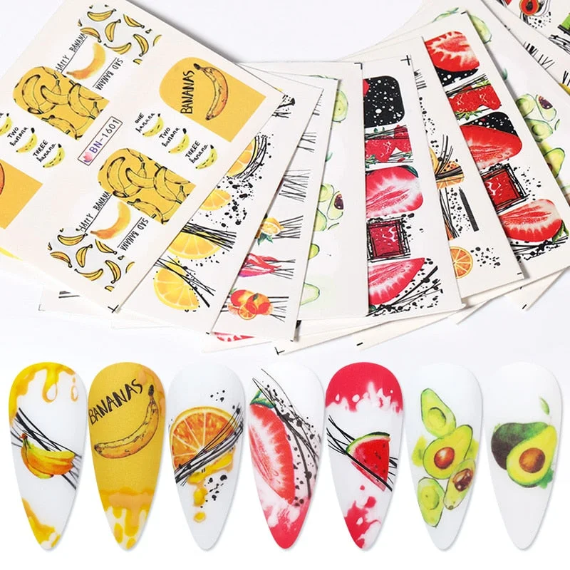1PC Avocado/Watermelon/Orange Nail Stickers Summer Fruit Leaves Transfer Decals Sliders For Nails DIY Decoration Manicures-Nail Inspo