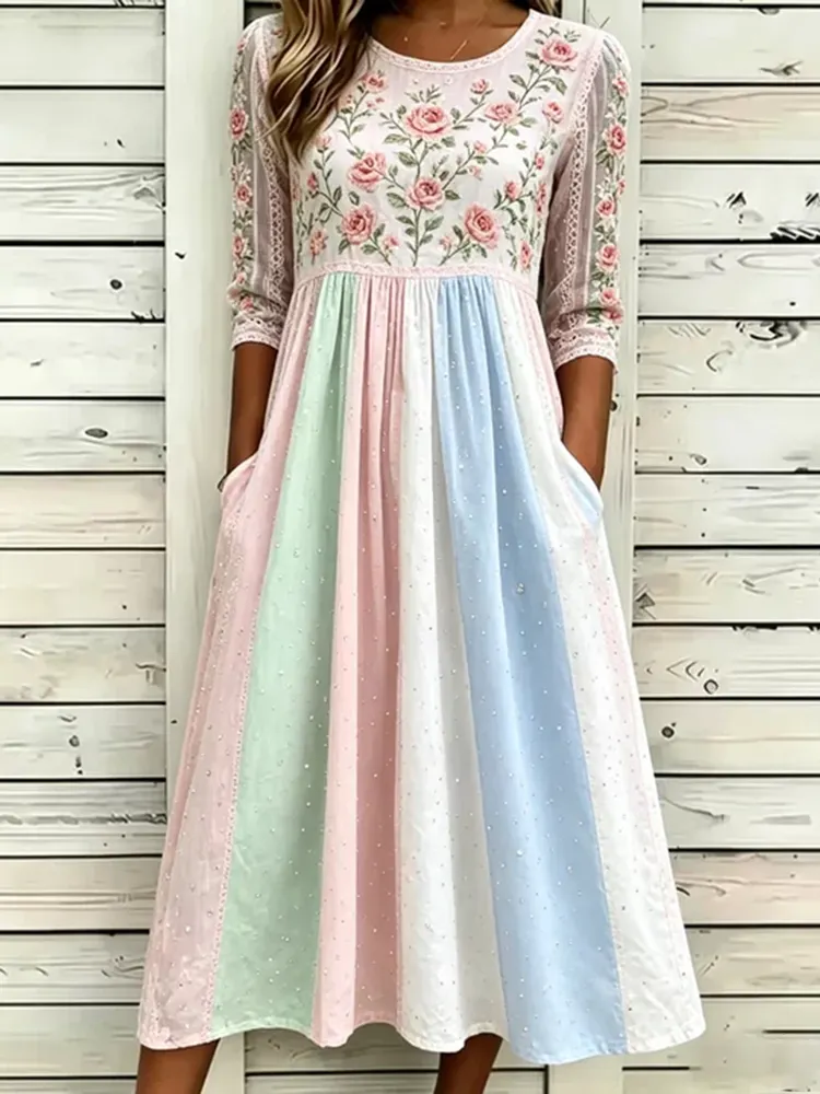Women's Rose Floral And Lace Art Embroidery Splicing Comfortable Cotton Linen Blend Casual Dress