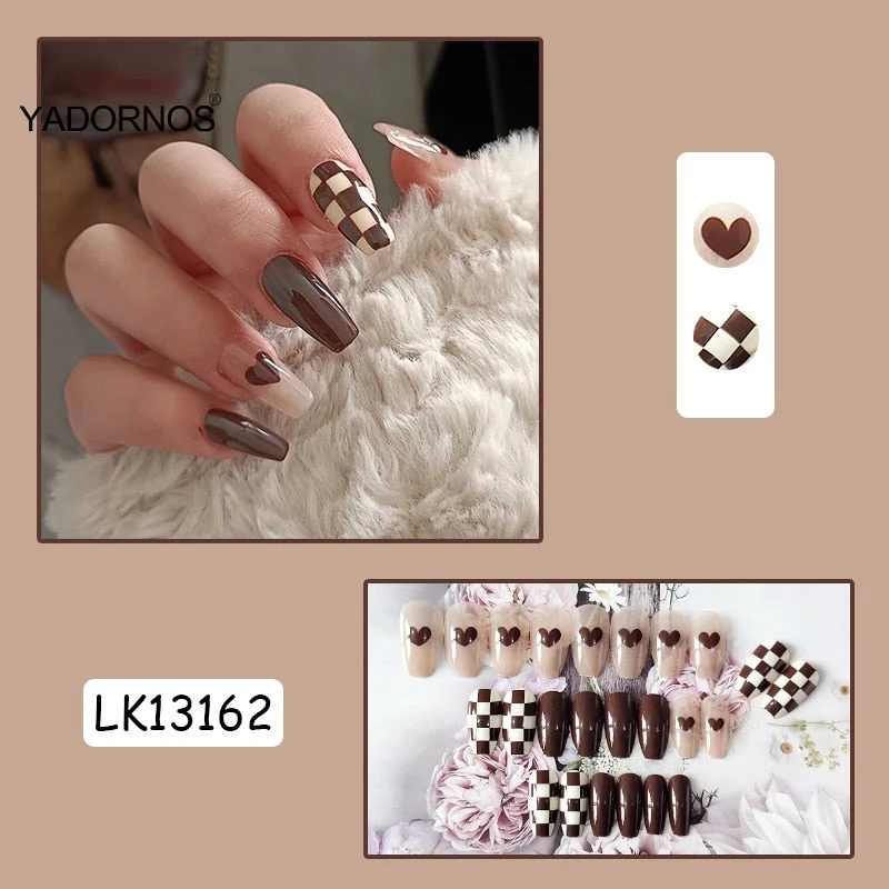 24pcs Nails Free Shipping Long Brown Press On Nails Cute Checkerboard Design Fake Nails Full Coverage Artificial For Women