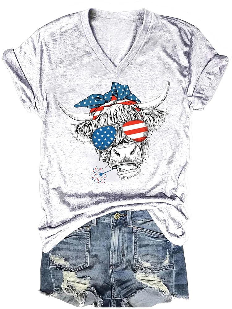 Independence Day Cow Letter Art Print Casual T-shirt