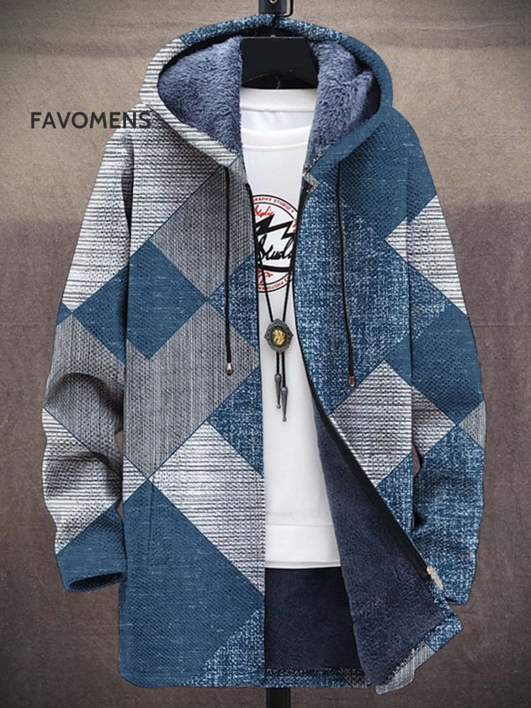 Simple Blue Irregular Geometric Pattern Unisex Plush Thick Long-Sleeved Sweater Cardigan Coat