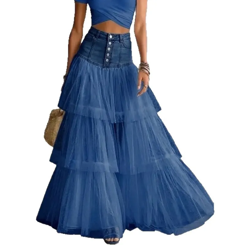 Women High Waist Denim Patchwork Tiered Tulle Maxi Skirt