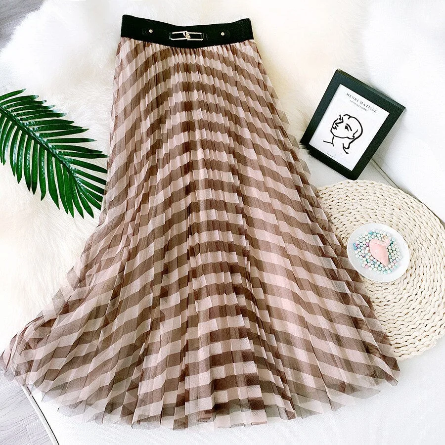 Huibahe Striped Casual Fashion A-line Skirt Spring Summer High-waisted Gauze Mesh Skirt With Sashes Midi Long Skirts QT971