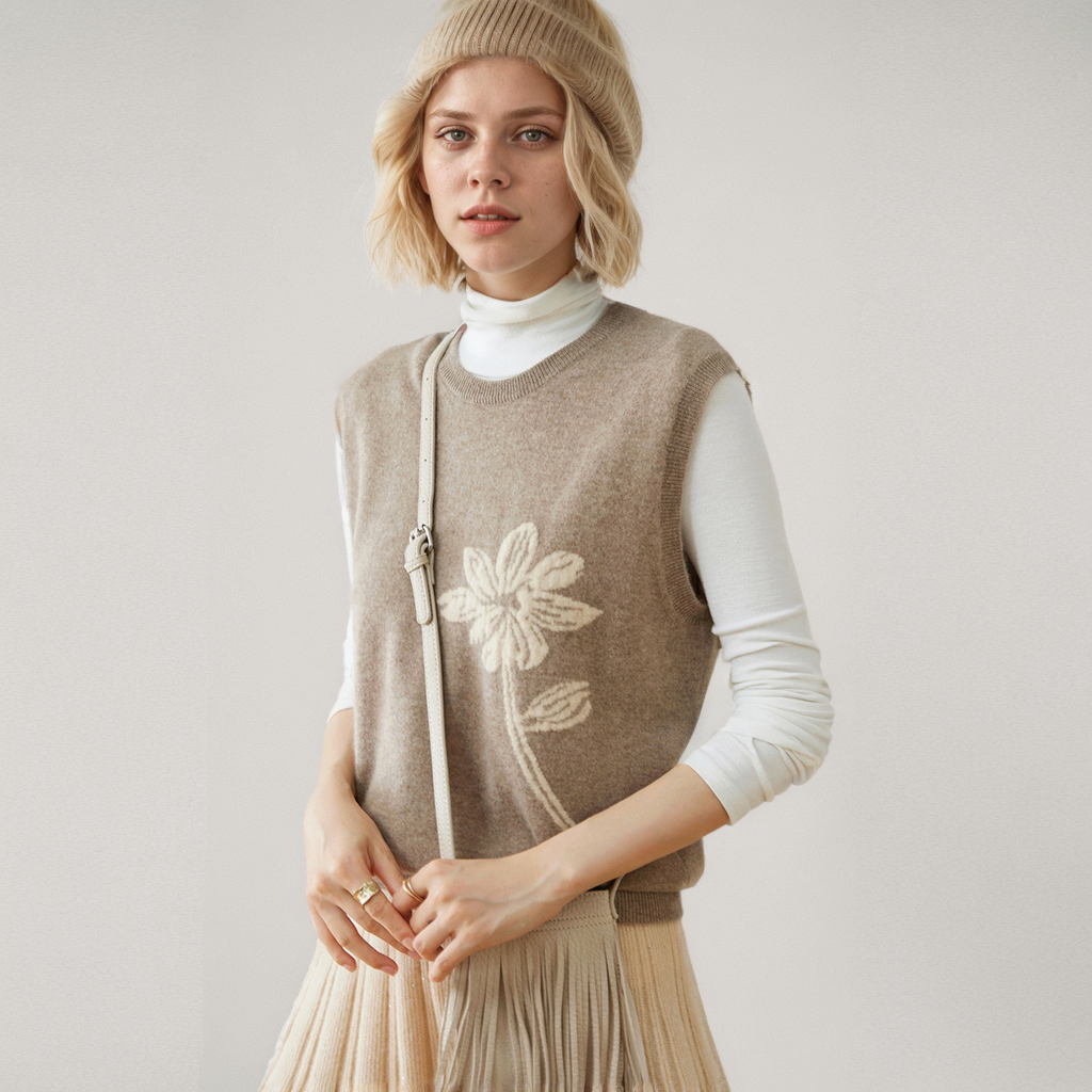 Jacquard Cashmere Pullover Vest Women's Crew Neck Fashion REAL SILK LIFE