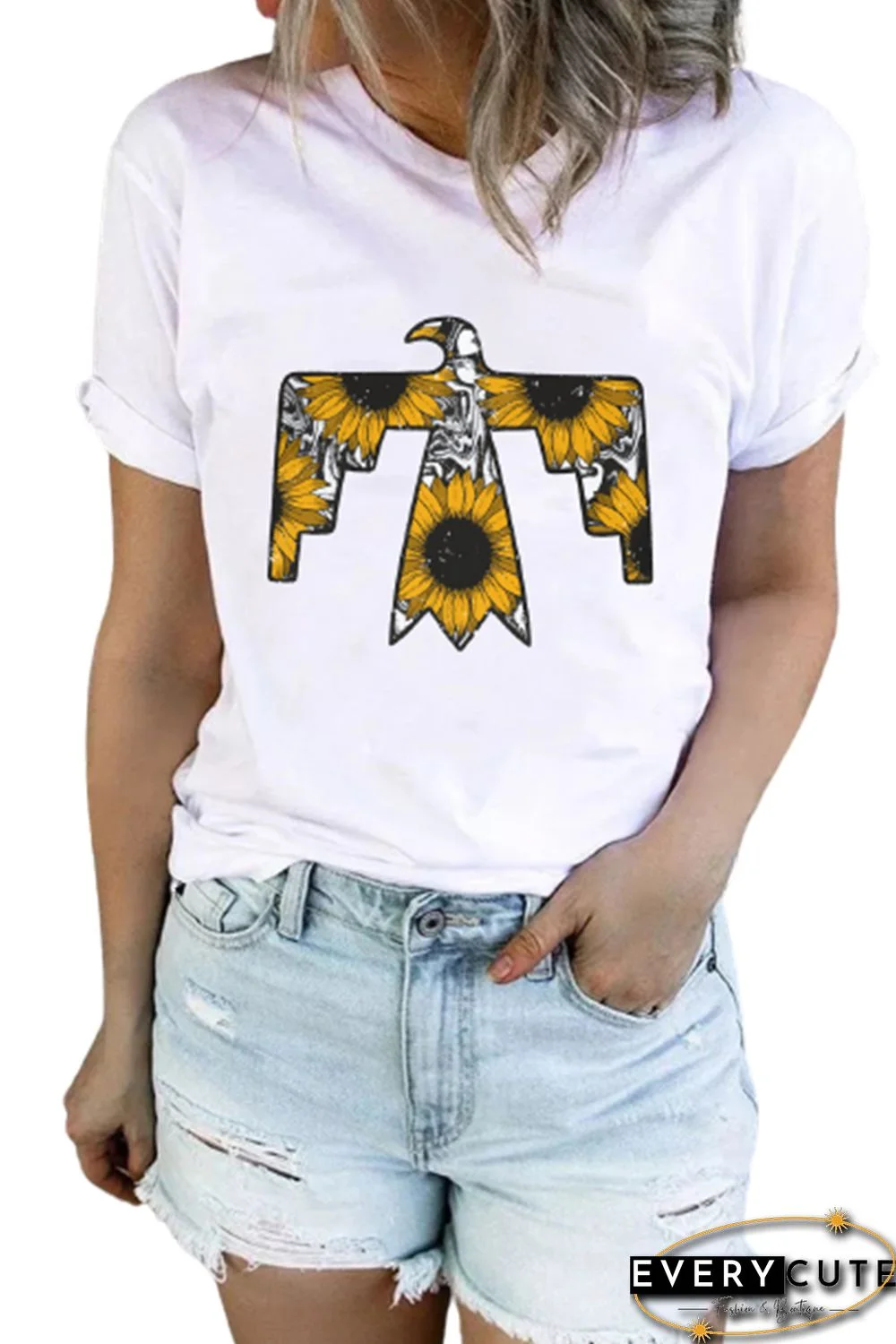 White Western Sunflower Bird Shaped Print Graphic Tee