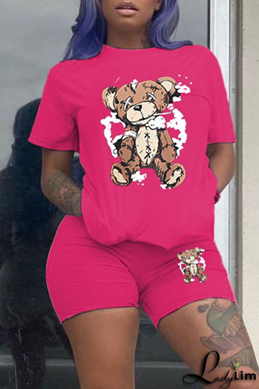 Purple Casual Print Patchwork O Neck Short Sleeve Two Pieces