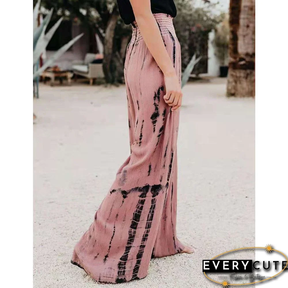 Pink Printed Pocketed High Waist Wide Leg Pants
