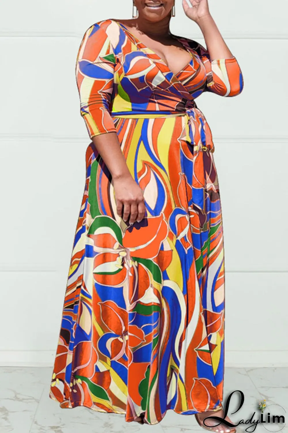 Purplish Blue Casual Print Bandage Patchwork V Neck Plus Size Dresses