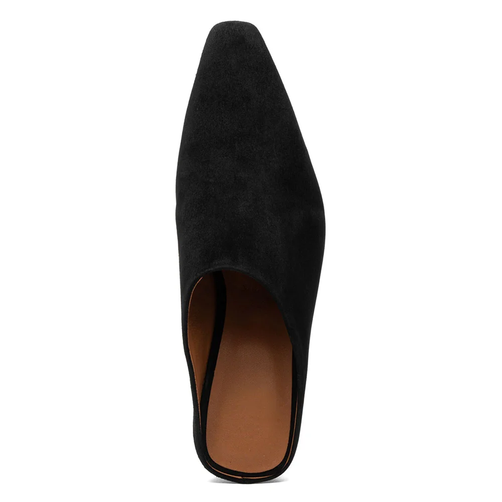 Black Vegan Suede Square Toe Mules for Women with Chunky Heel