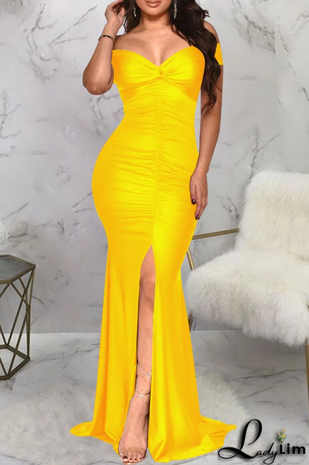 Burgundy Elegant Solid Patchwork Slit Fold V Neck Evening Dress Dresses