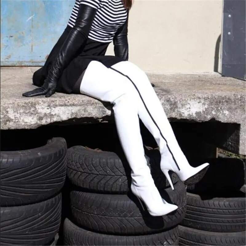 VCSHOES Stretch Thigh High Boots Lady Pointy Slouchy Overknee Boots High Heel Long Boots Women White Red Black