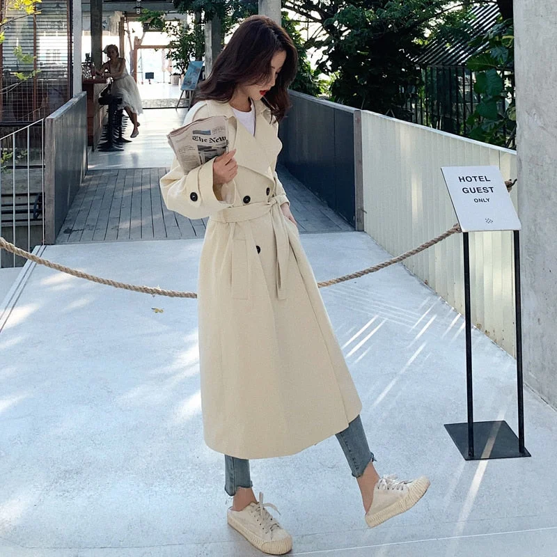 Brand New Fashion Double-Breasted Long Women Trench Coat Beige Lady Duster Coat Female Windbreaker Spring Autumn Fall Outerwear