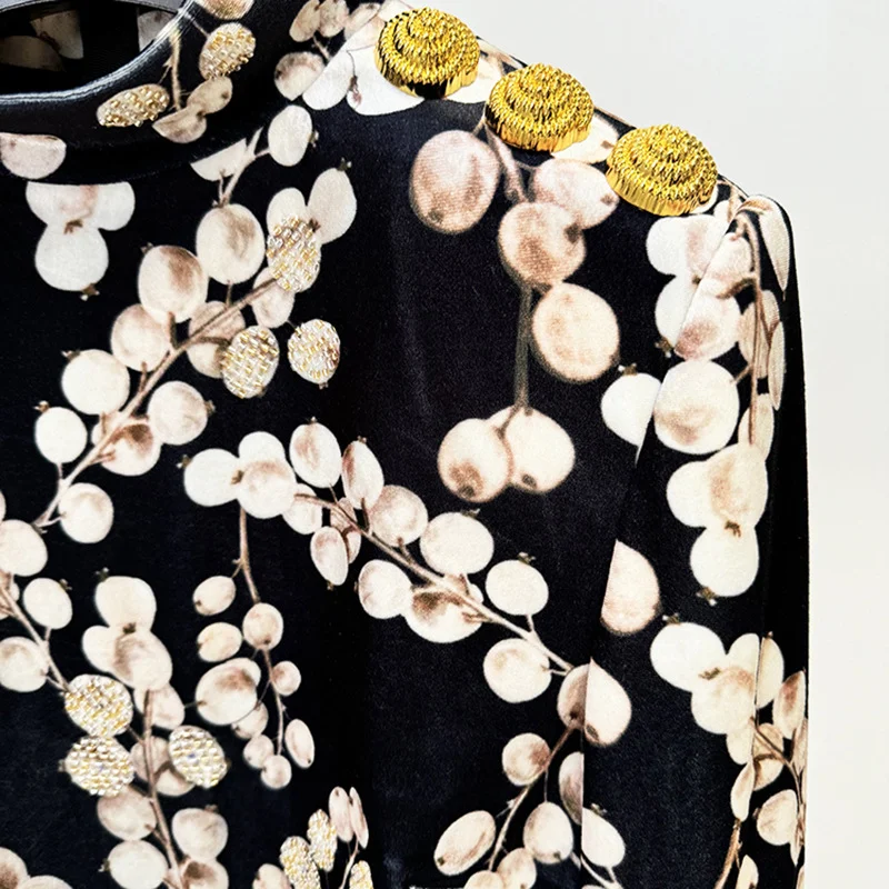 Nigikala Nigikala Star Autumn And Winter New Heavy Industry Nail Pearl Gallon Fruit Printing Gold Velvet Long Sleeve Dress