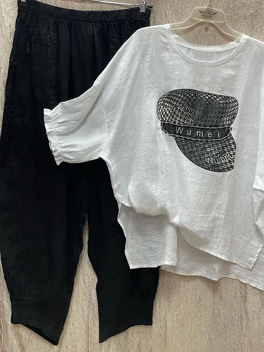 Casual Printed Top And Solid Color Pants Set