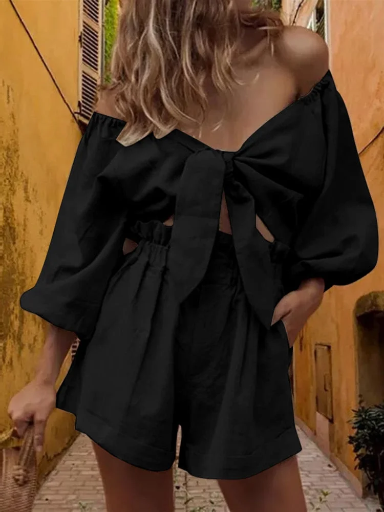 Fashion 2 Pieces Sets Street Women  Off Shoulder 3/4 Sleeve Crop Tops and Short Pants Sets 2023 Summer Matching Sets