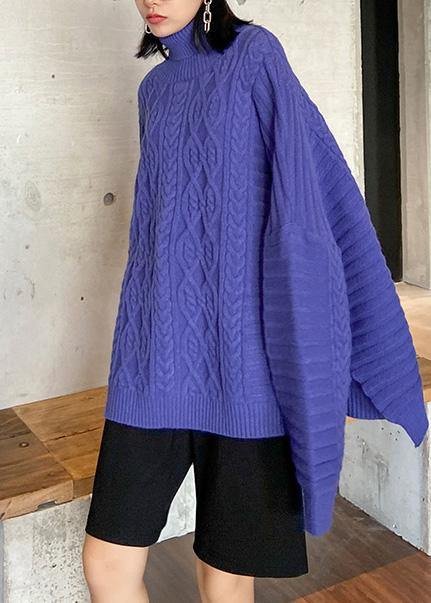 Oversized blue Sweater Blouse high neck thick casual knit sweat tops