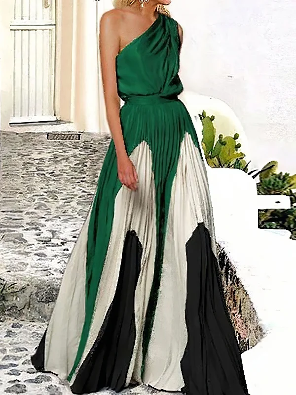 Sleeveless Asymmetric Pleated Printed One-Shoulder Maxi Dresses