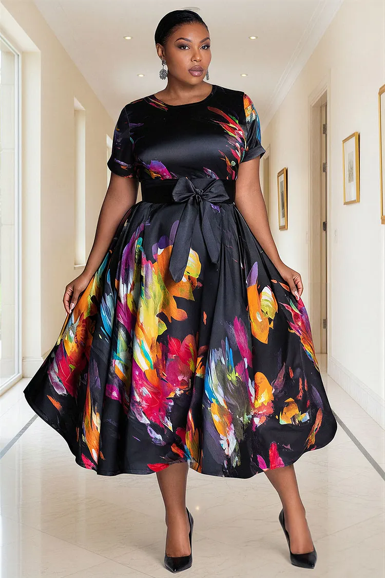 Xpluswear Design Plus Size Cocktail Party Black Graphic Round Neck Short Sleeve Bow Tie Pocket Satin Midi Dresses [Pre-Order] 2024 - Xpluswear